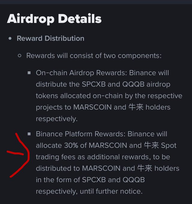 A slide titled "Airdrop Details" outlines a two-part reward distribution where Binance will allocate 100% of on-chain SPCXB and QQQB airdrop tokens to MARSCOIN and 牛来 holders, plus an additional 30% of MARSCOIN and 牛来 Spot trading fees distributed as SPCXB and QQQB rewards—the latter section emphasized with a red arrow to highlight its significance.