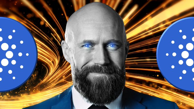 A bald, bearded man with glowing blue eyes (likely a Cardano executive) is featured between two blue Cardano (ADA) logos against a dynamic orange light-streak background, visually representing the Cardano Foundation's announcement about partnering with Brale on the Open USD initiative.