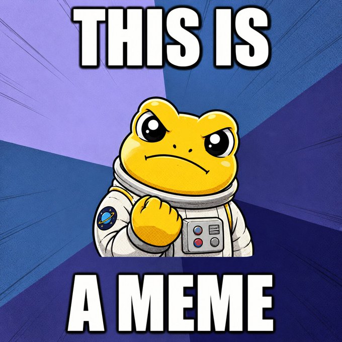A cartoon frog in an astronaut suit appears with the text 'THIS IS A MEME' against a blue starburst background.