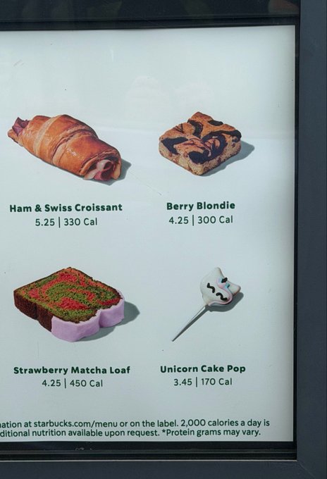 The image shows a menu board with four different types of food items, including sandwiches, cakes, croissants, and pastries. The descriptions for each item are provided, such as "Ham & Swiss Croissant", "Berry Blonde", "Unicorn Cake Pop", and "Strawberry Matcha Leaf". The post also mentions that there will be signs of Unicorn Season V4 Hooks Summer on @Uniswap $UPEG.