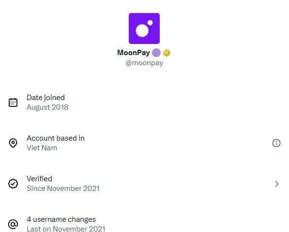 A social media profile screenshot for the verified account 'MoonPay' (@moonpay), based in Viet Nam, joined August 2018.