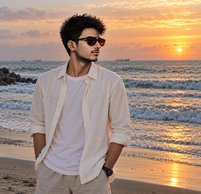 A young man with curly hair wearing sunglasses, a white t-shirt, and a beige linen overshirt stands on a beach at sunset with the ocean and cargo ships visible in the background.