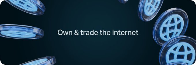 A dark-themed graphic features floating blue globe icons surrounding the central white text "Own & trade the internet," promoting Doma Protocol's DomainFi concept of treating internet domains as tradable digital assets—matching the post's discussion of digital asset liquidity and domain trading.