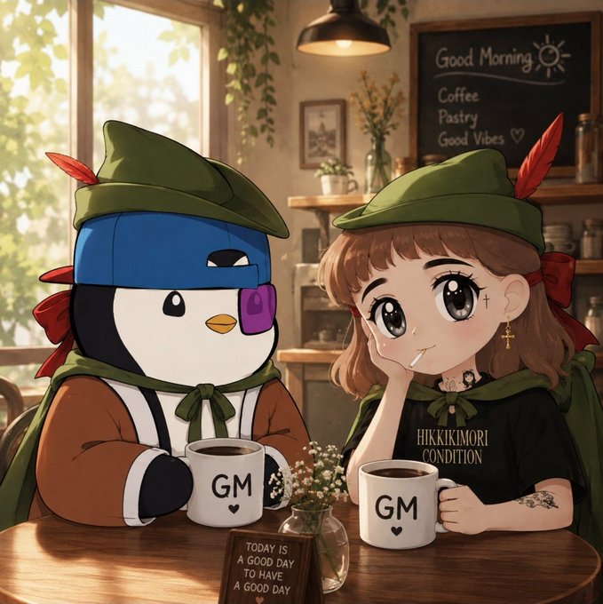 Anime-style illustration of two characters, a penguin-like figure and a girl with brown hair, wearing green hats with red feathers, sitting in a cafe holding 'GM' coffee mugs, with one wearing a shirt labeled 'HIKKIKOMORI CONDITION'.
