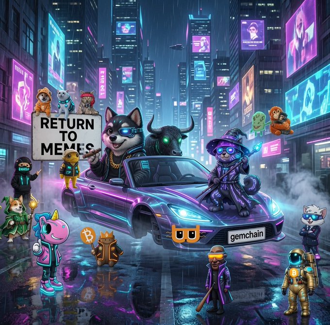 AI-generated cyberpunk artwork featuring various NFT/crypto characters in a neon city setting with a 'Return to Memes' sign and a car labeled 'gemchain'.