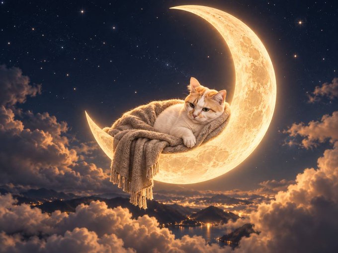 A whimsical digital artwork featuring an orange and white cat wrapped in a blanket, resting on a glowing crescent moon above clouds at night.