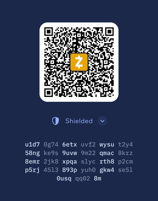 The image displays a QR code for a Zcash (ZEC) wallet address, featuring the Zcash "Z" logo in the center, with the text "Shielded" below indicating a shielded (private) transaction address, followed by a list of alphanumeric words that serve as the wallet's seed phrase or address components for receiving ZEC privately.

This image relates to the post by showcasing the privacy-focused Zcash cryptocurrency integration in Cake Wallet, highlighting its shielded address feature that aligns with the wallet's emphasis on secure, non-custodial, privacy-preserving transactions.