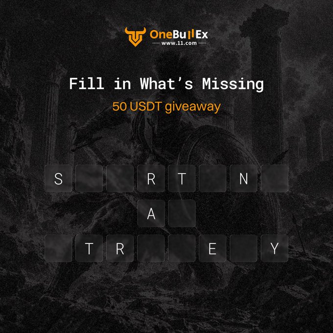 A OneBullEx promotional graphic reads “Fill in What’s Missing — 50 USDT giveaway” above a partially completed letter-grid riddle. It supports the accompanying Fam Check giveaway post, inviting users to solve the Spartan-themed riddle for a chance to win 50 USDT among five winners.