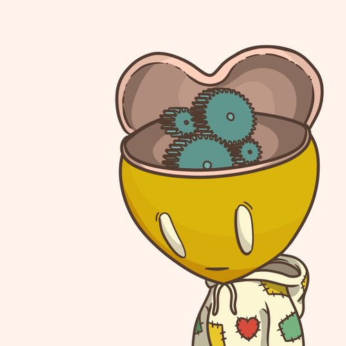 A digital illustration of a small, yellow-headed character with an open top of its skull revealing mechanical gears inside.
