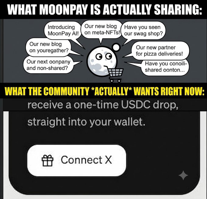 A satirical meme showing 'WHAT MOONPAY IS ACTUALLY SHARING' (promotional content like blog posts and partnerships) versus 'WHAT THE COMMUNITY ACTUALLY WANTS RIGHT NOW' (a one-time USDC drop directly to their wallet with a 'Connect X' button).