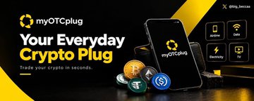 A promotional graphic for 'myOTCplug' reads 'Your Everyday Crypto Plug' and 'Trade your crypto in seconds,' showing a smartphone with various crypto coin icons including Bitcoin and Tether.