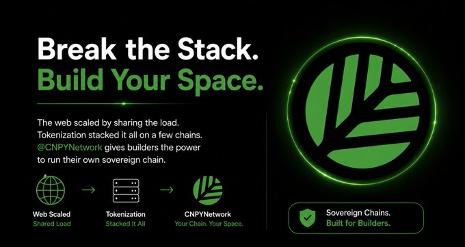 Green and black promotional graphic reading 'Break the Stack. Build Your Space.' for CNPYNetwork sovereign chains.