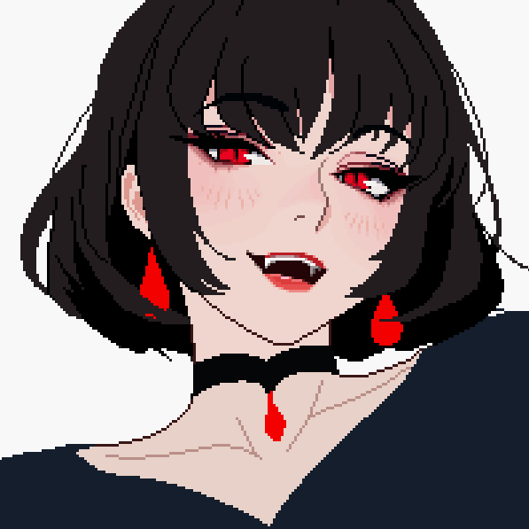 A pixel art work-in-progress of Mina, featuring a pale woman with short black hair, red eyes, fanged lips, red drop earrings, and a black choker with a red gem against a transparent background.