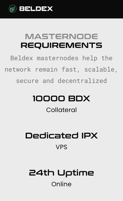 An infographic titled "Masternode Requirements" for Beldex (BDX), listing 10,000 BDX as collateral, a dedicated IPX VPS, and 24-hour uptime as necessary for operators to support the network. The image visually reinforces the post's emphasis on the operational commitment behind Beldex masternodes, which secure privacy-focused services like BChat and BelNet.