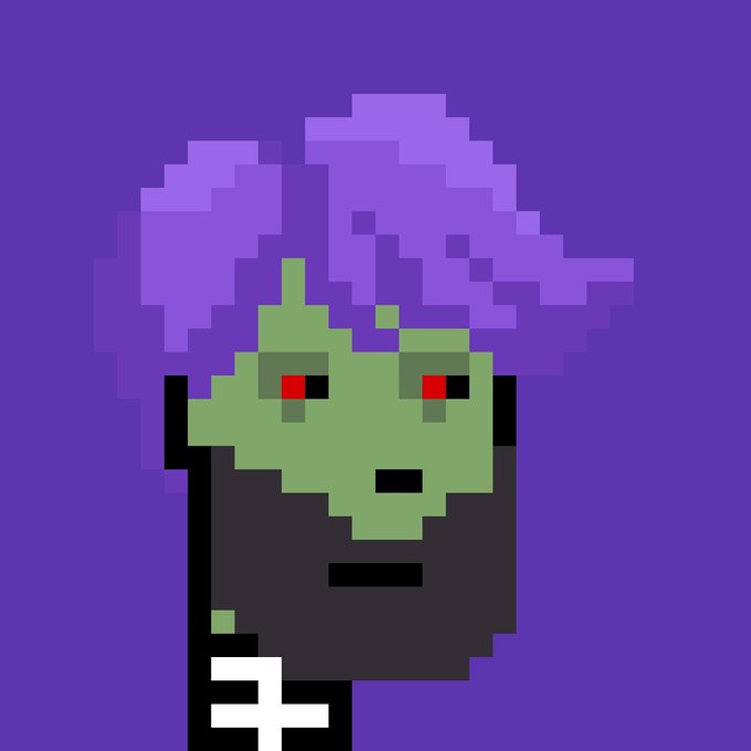 A pixel art portrait of a character with purple hair, green skin, red eyes, and a dark face, set against a solid purple background.