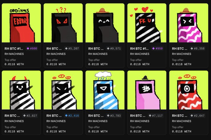 A grid of ten colorful pixel-art arcade machine NFTs from the 'RH MACHINES' collection, displaying various designs with text like 'ORDINALS ERROR', 'FK U', and pricing in WETH and BTC.