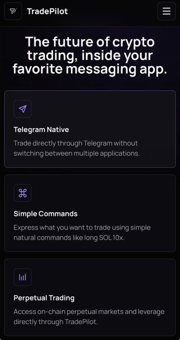 A dark-themed landing page for TradePilot showcasing its Telegram-native crypto trading features—highlighting "Telegram Native," "Simple Commands," and "Perpetual Trading"—which aligns with the post's announcement that perpetual trading for xStocks and crypto is now live directly in Telegram group chats.