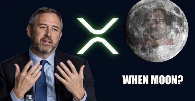 A bearded man in a suit gestures in front of a glowing XRP logo, while a moon featuring his face appears alongside the text "WHEN MOON?"—a classic crypto meme referencing price surges, humorously tied to the post's question about XRP ("Moon when win?").