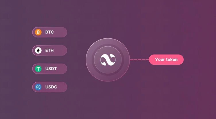 The image shows an interface for transferring Bitcoins to Ethereum using cross-chain cryptocurrency. The Bitcoin symbol is located at the center of a purple circle with a white "N" inside. There are four buttons surrounding this central button, each representing a different cryptocurrency - Bitcoin, Etherth, USDC, and Tether. These buttons are arranged in a circular pattern around the central button, suggesting that they are part of an exchange or wallet system for transferring Bitcoins to Ethereum. The post also mentions that cross-chain crypto has felt more complicated than it should be, which could imply that there is some confusion or difficulty with the current Bitcoin-Ethereum exchange process.
