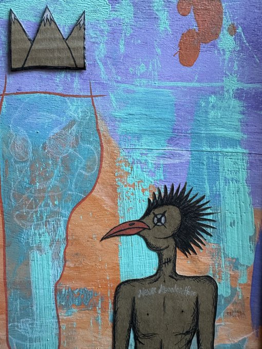 A mixed-media artwork featuring a figure with a spiked mohawk and bird-like beak against a textured purple and orange background, with 'Never Surrender' written across its chest and a small mountain emblem in the corner.