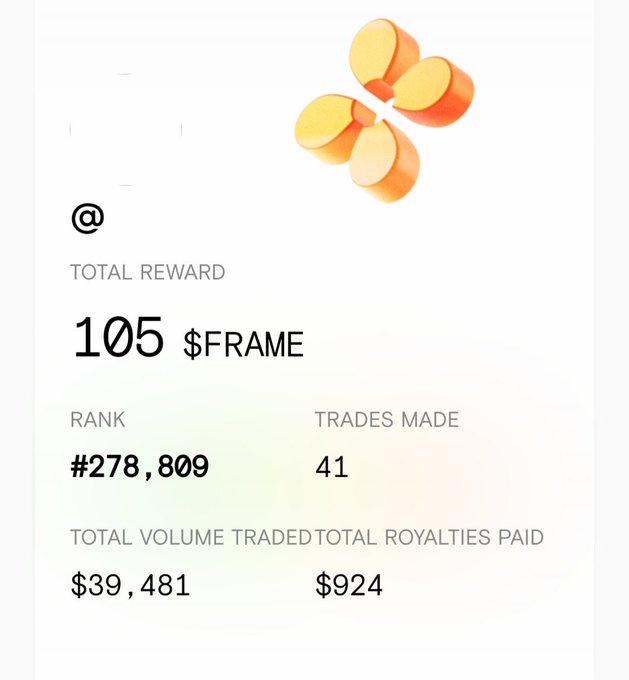 A digital rewards screen displays a 'TOTAL REWARD' of '105 $FRAME', a rank of '#278,809', '41 TRADES MADE', 'TOTAL VOLUME TRADED $39,481', and 'TOTAL ROYALTIES PAID $924' beneath an orange floral icon.