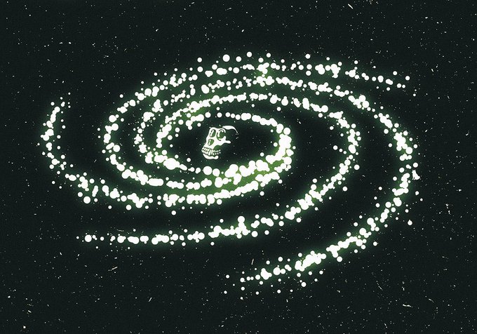 Stylized image of a swirling green galaxy or fingerprint pattern made of glowing white dots and lines against a starry black background, with a small skull icon in the center.