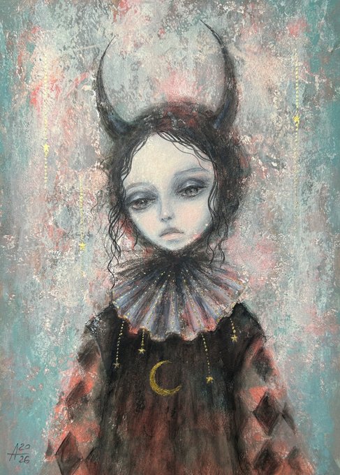 A painting of a melancholic, doll-like figure with horns, large dark eyes, a ruffled collar, and a crescent moon pendant against a textured pastel background, signed 'A 22' in the corner.
