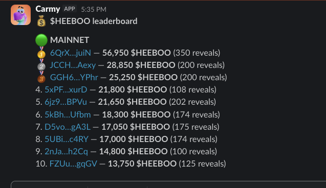 A Discord message from the 'Carmy' app at 5:35 PM displaying the '$HEEBOO leaderboard' with the top 10 MAINNET holders, led by '6QrX...juiN' with 56,950 $HEEBOO (350 reveals).