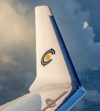 An airplane wing with a white tail fin displays a logo containing the letter 'B' against a cloudy sky.