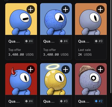 A grid of six colorful "Quantum" NFT characters (in blue and yellow variants, some with halos or horns) displayed with prices ranging from 2K-3,400 USDG, illustrating the $QUANT token's NFT distribution rewards mentioned in the post about hourly random NFT distributions to $QUANT holders.