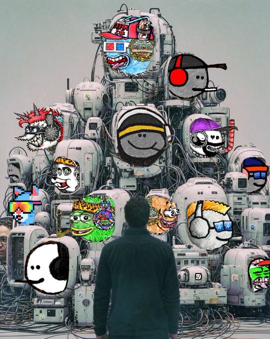 A figure viewed from behind looks up at a massive pile of old computer monitors decorated with various internet meme faces, including Pepe the Frog and Trollfaces.
