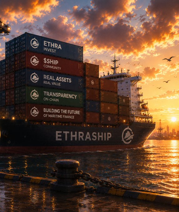 A digital illustration of a cargo ship named 'ETHRASHIP' at sunset, with stacked containers labeled 'ETHRA INVEST,' '$SHIP COMMUNITY,' 'REAL ASSETS,' 'TRANSPARENCY ON-CHAIN,' and 'BUILDING THE FUTURE OF MARITIME FINANCE.'
