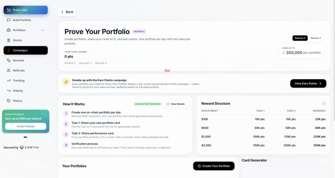 Screenshot of a website interface for a 'Prove Your Portfolio' Season 2 campaign, showing earnings of 0 pts with an earn rate of 350,000 pts/portfolio, including task and reward structures for different investment levels.