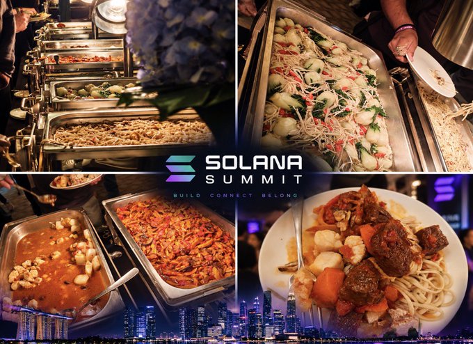 A four-panel promotional image for the "SOLANA SUMMIT" with the tagline "BUILD CONNECT BELONG", displaying various buffet dishes including noodles, salads, and meatballs.