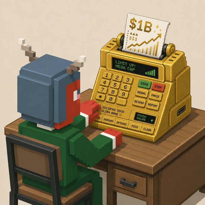 A blocky pixel-art character wearing reindeer antlers sits at a desk operating a large golden "Goldfax 9000 Ultra ARRE" machine, which prints out a chart showing "$1B" with an upward arrow and displays "LIMIT UP! MEGA CAP" along with a signal bars indicator. The image humorously visualizes the "stonk" minting hype referenced in the post, depicting the FAX and FAX GENESIS NFT collections as a lucrative financial printer generating significant returns.