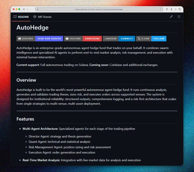 The image shows a screenshot of a computer screen displaying an article about "Automated Hedge Fund Management", which is a program that uses artificial intelligence (AI) for automated hedge fund management. The title of the post reads, "An AI-powered portfolio optimization engine built on Swarm Intelligence that allows you to trade Solana on your behalf." This suggests that the AI trading software has been designed with the intention of maximizing returns and minimizing risk by using a self-optimizing system inspired by the collective intelligence observed in insect societies. The article is written for an audience interested in automated hedge fund management, which is a niche within the financial services industry focused on using intelligent systems to optimize investment strategies and manage portfolio risks.