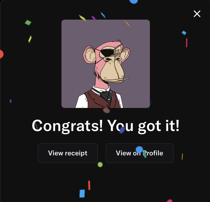 The image shows a screenshot of an online store page featuring a pink monkey character wearing a suit, hat, and tie. The monkey appears to be celebrating its recent purchase with a "congrats!" message displayed at the top of the screen. Below this, there are two buttons labeled "view receipt" and "view profile", indicating that users can view their transaction details or browse other customer information.