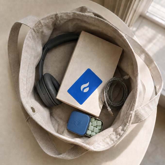 A beige tote bag holds an editor's daily essentials: black over-ear headphones, a kraft-covered notebook with a blue logo, a coiled cable, and a tin of mints. A perfect "What's in my bag" flat lay to kick off the workday. ☕