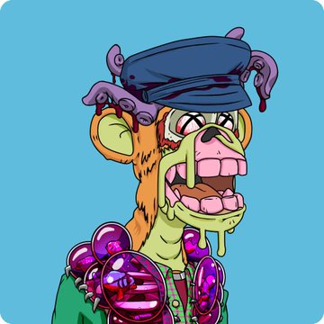 A cartoon illustration of a grotesque, drooling character with purple horns, wearing a blue police-style cap and adorned with large purple beaded necklaces, set against a solid teal background.