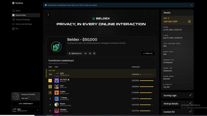 A screenshot of a Nodius airdrop campaign page for Beldex ($50,000 prize pool), showing a contribution leaderboard and various campaign details.