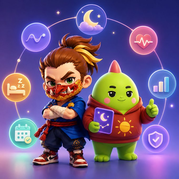 A colorful cartoon illustration features a martial artist character in a red mask standing next to a green creature in a red hoodie, surrounded by icons representing sleep, calendar, moon, heart rate, bar chart, and security.