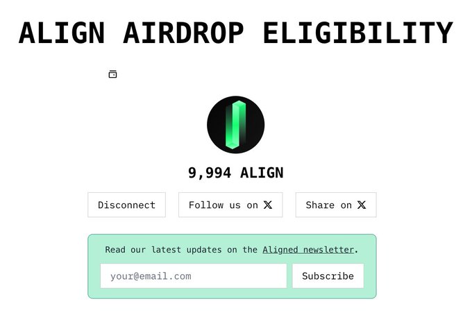 The image shows the ALIGN Airdrop Eligibility checker page displaying a balance of 9,994 ALIGN tokens, with options to disconnect, follow on X, or share on X. The user is surprised that their eligibility and allocation remain intact since 2024, and pleased that the Starknet wallet no longer needs to be reconnected as it appears already bound.
