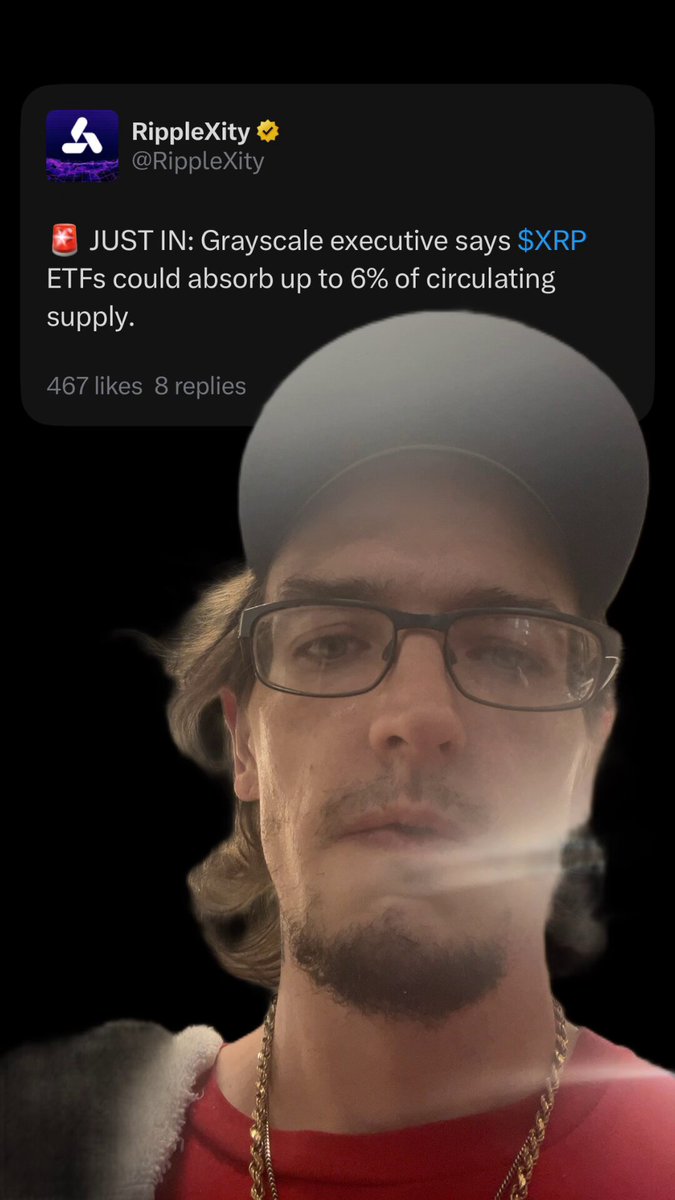 The focus of the image is a close-up of a man wearing glasses, a red shirt, and a beard. The caption reading "JustIn.Grayscale executive says $XRP could absorb up to 8% circulations" is located below him in the image. This information seems unrelated to the main subject matter - the man in the photo - and it appears that he has provided some context or background for the picture being taken, though this detail may not be directly related to the central focus of the image itself.