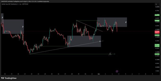 A TradingView chart showing the Tether (USDT) dominance pair against the Canadian Dollar from late May through early June 2024, with price action hovering around 0.28-0.29 and marked support/resistance zones including a labeled "X" level near 0.26.