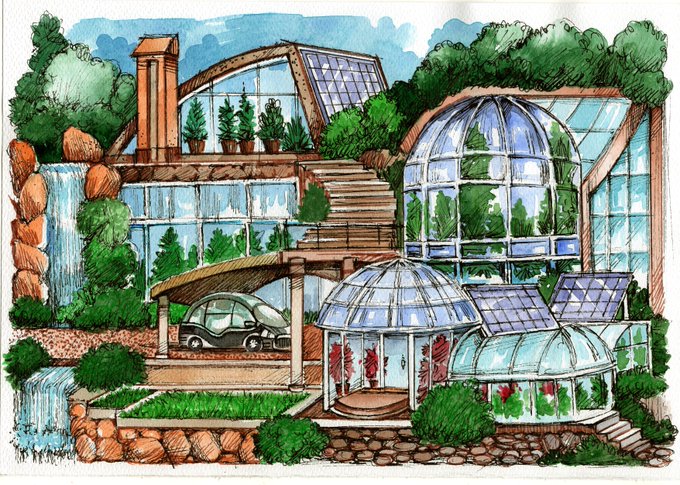 A colorful watercolor and ink illustration depicting a sustainable eco-home with solar panels, greenhouses, a waterfall, gardens, and an electric car parked under a carport.