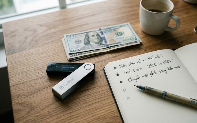 A wooden desk holds a Ledger hardware wallet displaying 'USDT', a $100 bill, a cup of coffee, and an open notebook with Vietnamese text including 'Nên chia rủi ro thế nào?', 'Giữ $ năm: USDC vs USDT?', and 'Chuyển một phần sang tên mình?' alongside a pen.