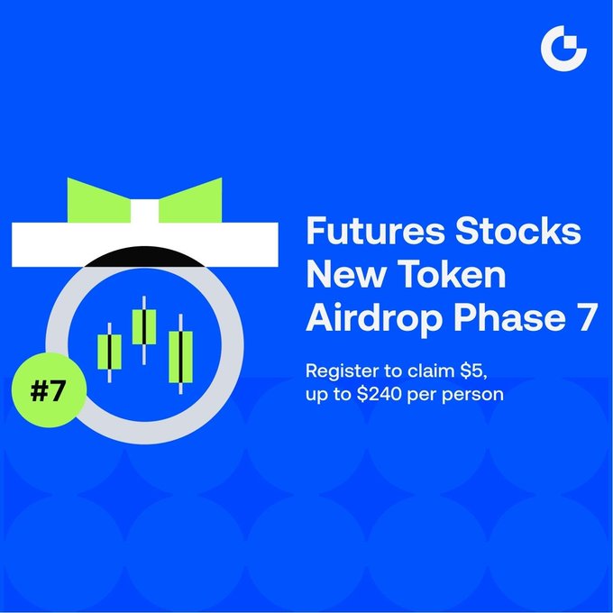 Promotional graphic for Gate.io's Futures Stocks New Token Airdrop Phase 7, featuring a stylized gift box and candlestick chart icon on a blue background, advertising a $5 to $240 reward for registration alongside a 50,000 USDT prize pool for trading tokens including $TTWO, $KSTR, $BSP, $CAT, $WEN, and $BAC.