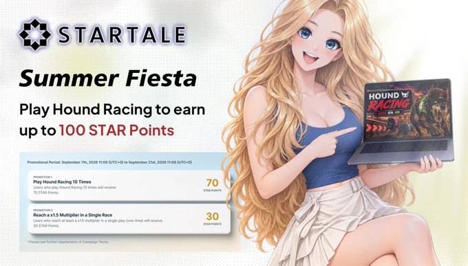 A promotional graphic for 'STARTALE Summer Fiesta' offering up to 100 STAR Points for playing Hound Racing, featuring an anime-style character.