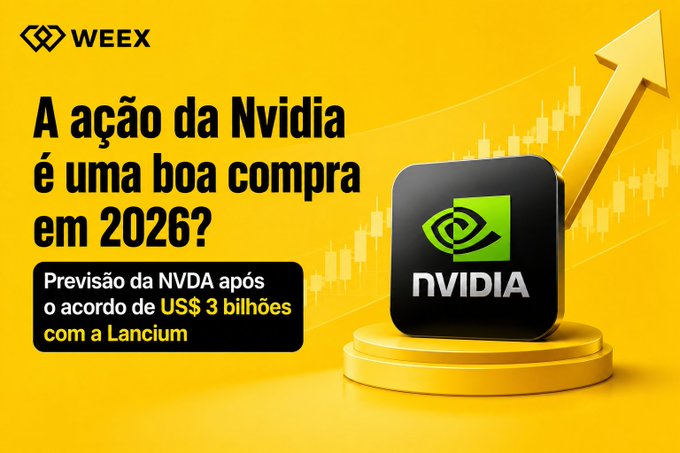 A WEEX promotional graphic in Portuguese with a yellow background, asking 'Is Nvidia stock a good buy in 2026?' following a US$3 billion deal with Lancium, featuring an Nvidia logo and a rising stock chart arrow.