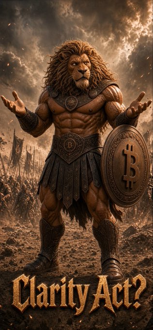 A digital artwork depicts a muscular warrior with a lion's head wearing gladiator armor and holding a shield with the Bitcoin 'B' logo, with the text 'Clarity Act?' at the bottom.